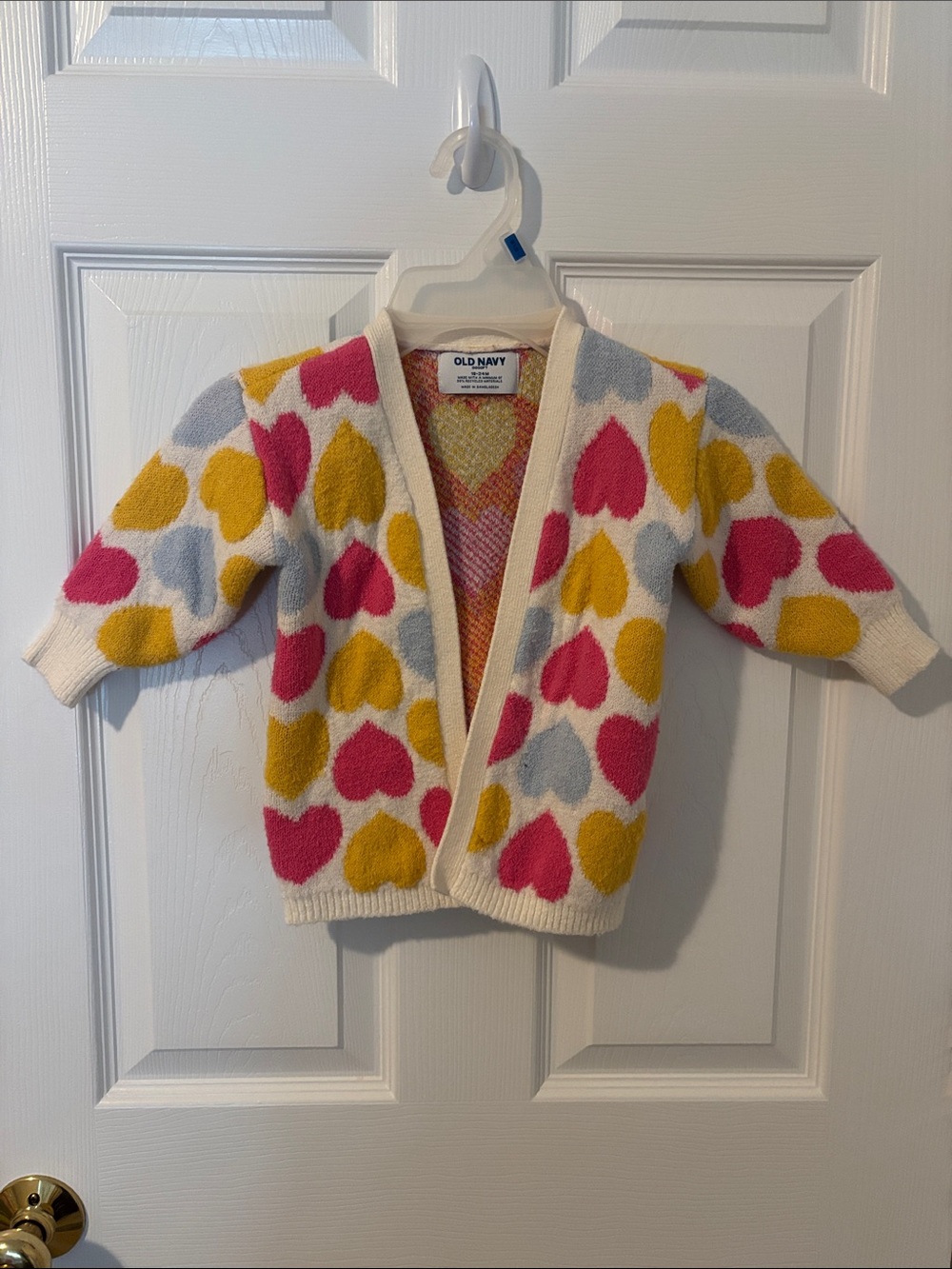 Old Navy Cream Cardigan with Pink, Yellow & Light Blue Hearts